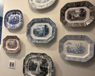 Victorian Transferware Platters and Plates in Various Colors and Patterns