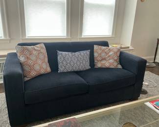 Navy Blue Upholstered Sofa with Decorative Pillows - room and board