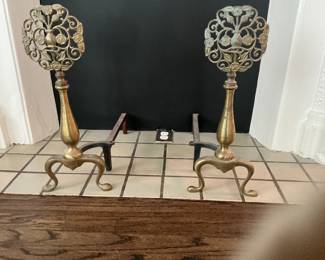 Antique Brass Andirons with Pierced Floral Design
