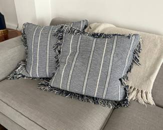 Set of 2 Navy and Off-White Striped Throw Pillows with Fringe