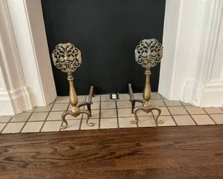 Antique Brass Andirons with Pierced Floral Design