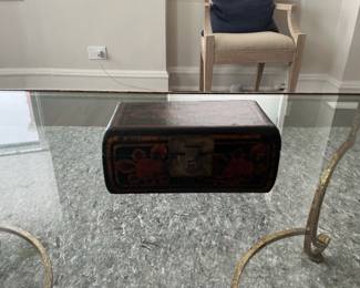 Antique Chinese Black Lacquer Jewelry Box with Floral Motif and Brass Clasp