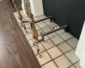 Antique Brass Andirons with Pierced Floral Design