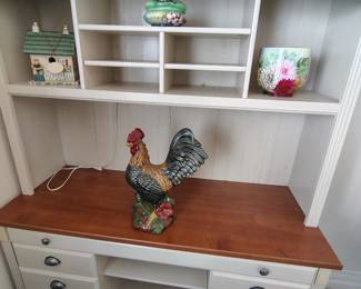 Great hutch with stained wood top and giant porcelain rooster.