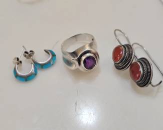 Charles Krypell sterling and amethyst art deco ring and navajo earrings