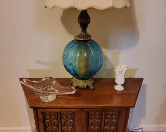 Great Mid century modern with carved inlay hallway table and mcm murano glass ash tray 