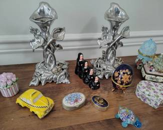 Trinket boxes abd dept 56  and arthur court pewter floral candle sticks