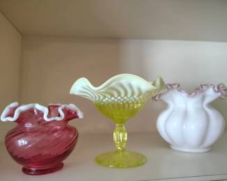 Incredible uranium glass with opalescent swirl and fenton snow crest cranberry glass.