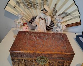 Asian porcelain and carved wood box.
