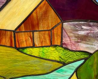 Stained Glass Landscape Panel - Mountain House Scene
