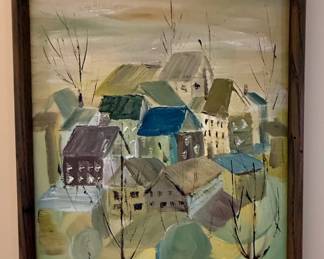 Mid-Century Village Scene Oil Painting