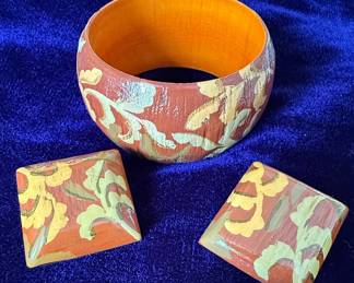 Hand-Painted Wooden Bangle and Earrings Set
