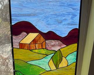 Stained Glass Landscape Panel - Mountain House Scene