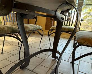Wrought Iron Glass Top Dining Set with Tropical Chairs