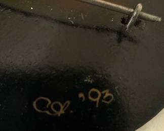 Black Lacquer Hand Painted Floral Brooch 1993