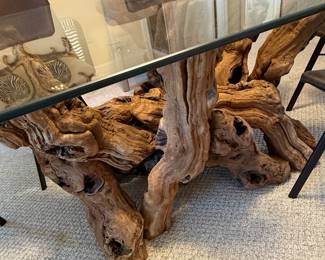 Teak Root Dining Table with Glass Top