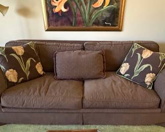 Brown Sofa with Tulip Floral Pillows and 2 Accent Chairs
