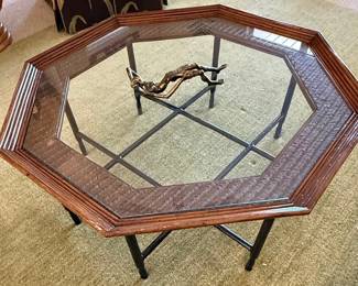 Octagonal Faux Bamboo Glass Top Coffee Table with Wicker Inlay