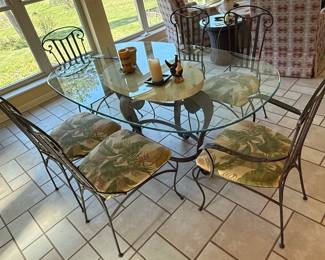 Wrought Iron Glass Top Dining Set with Tropical Chairs