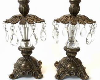 Ornate Crystal & Brass Candlesticks (Pair) - Hollywood Regency Style