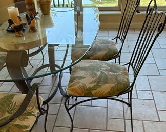 Wrought Iron Glass Top Dining Set with Tropical Chairs
