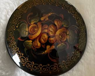 Black Lacquer Hand Painted Floral Brooch 1993