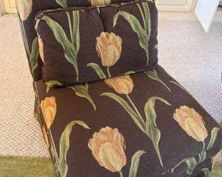 Brown Sofa with Tulip Floral Pillows and 2 Accent Chairs