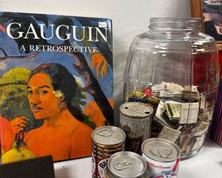 books vintage cans and audio equipment 