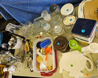 Vintage kitchen utensils and Planters peanut glass jars