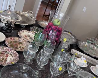 Glassware and Turkey Transferware Platter and Plates