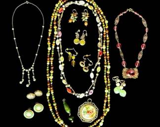 Ornate Pink Czechoslovakia Necklace With Green And Amber Toned Costume Jewelry