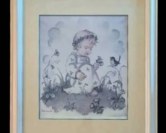 Child With Bluebells M. J. Hummels Framed Artwork 26 x23.5 