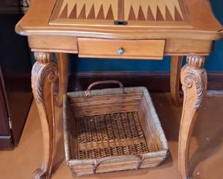French Louis XVI style cherry wood flip-top game table featuring marquetry inlay for backgammon