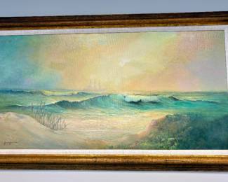 Framed oil tranquil seascape horizon over ocean waves