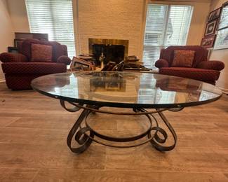 Glass top coffee table, pair of large club chairs 