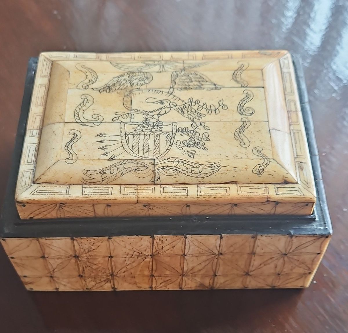 Antique Scrimshaw Bone Box with American Eagle and Geometric Patterns