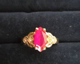Marquise Cut Synthetic Ruby Ring with Gold Plate Setting and Accent Stones