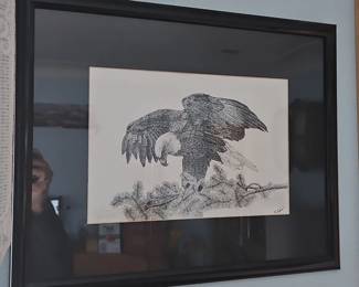 Framed Bald Eagle Stipple Drawing