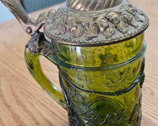 Green Glass Beer Stein with Pewter Lid and US Great Seal Emblem