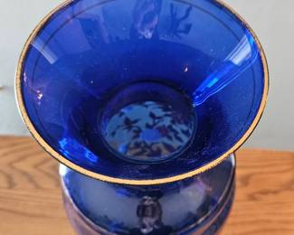 Vintage Cobalt Blue Japanese Porcelain Vase with Floral and Butterfly Motif and Gold Trim