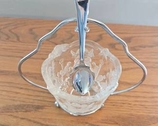 Vintage Glass Jam/Jelly Dish with Silver Plate Holder and Spoon