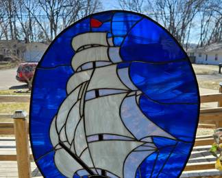 Stained Glass Sailing Ship Oval Panel