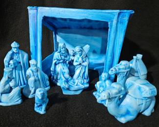 Blue Delft Style Nativity Scene Set with Stable