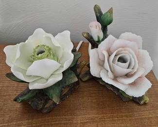 Vintage Ceramic Rose and Lotus Flower Table Lamps (Set of 2)