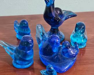 Blue Glass Bluebird of Happiness Figurines Set