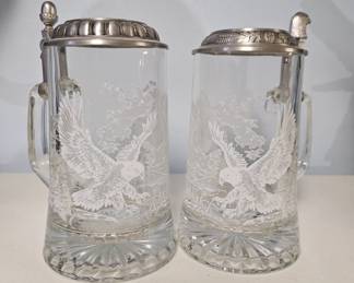 Pair of Etched Glass Beer Mugs with Pewter Lids  Eagle Motif