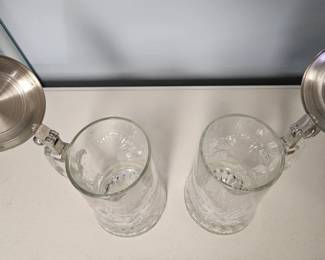 Pair of Etched Glass Beer Mugs with Pewter Lids  Eagle Motif second image