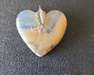 HeartShaped Dendritic Agate Pendant with Silver Leaf Bail