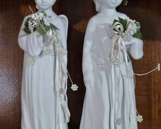 Pair of Vintage Lighted Porcelain Angel Figurines with Bouquets