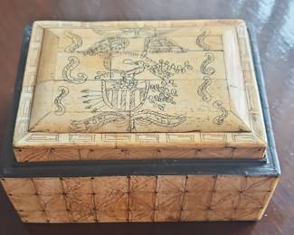 Antique Scrimshaw Bone Box with American Eagle and Geometric Patterns